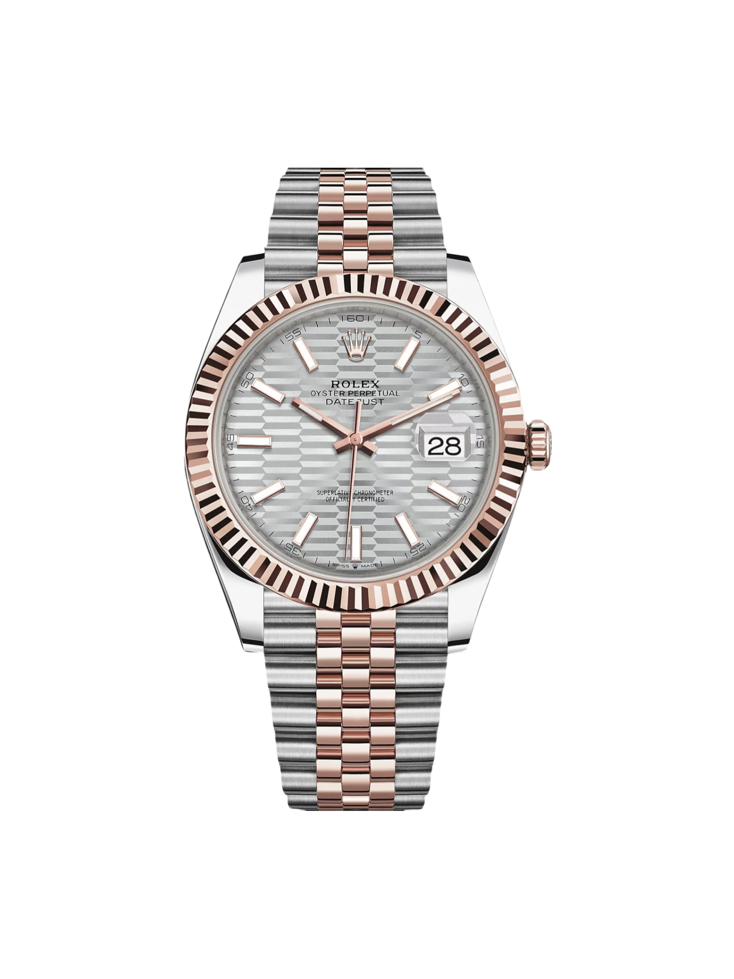 Rolex Datejust 41mm 126331 Silver Fluted Motif Dial Two Tone Stainless Steel & 18K Rose Gold Jubilee Bracelet Men's Watch