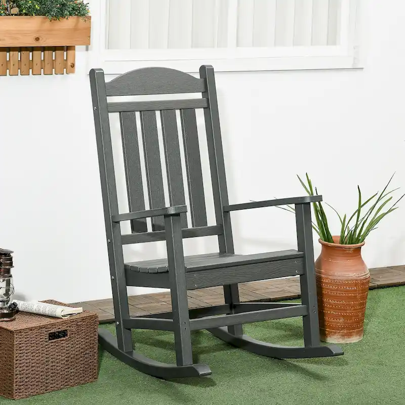 Outsunny 2 Pieces Outdoor Rocking Chair, All Weather-Resistant HDPE Rocking Patio Chairs with Rustic High Back, Armrests