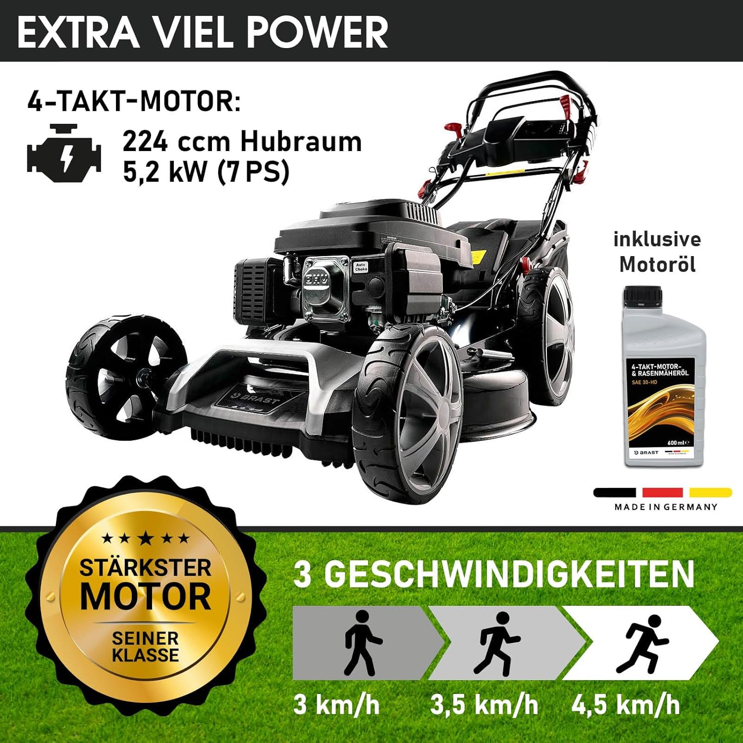 BRAST® Benzin Rasenmäher mit Antrieb | 5,2kW (7PS) | 55cm Schnittbreite | viele Modelle | TÜV | 30-80mm Schnitthöhe | 60L Fangkorb | 4 Takt OHV Motor | Stahlgehäuse | Power