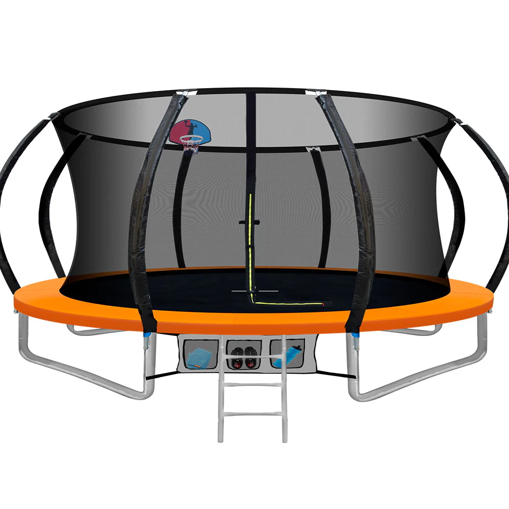 14ft Trampoline  Kids Trampoline Rebounder w/ Ladder Basketball Hoop Orange