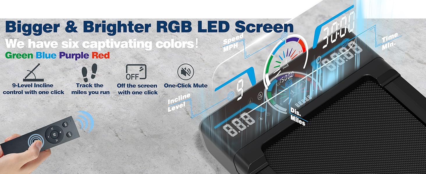 walking pad treadmill with 12% 9-level auto incline remote control and brigger led screen