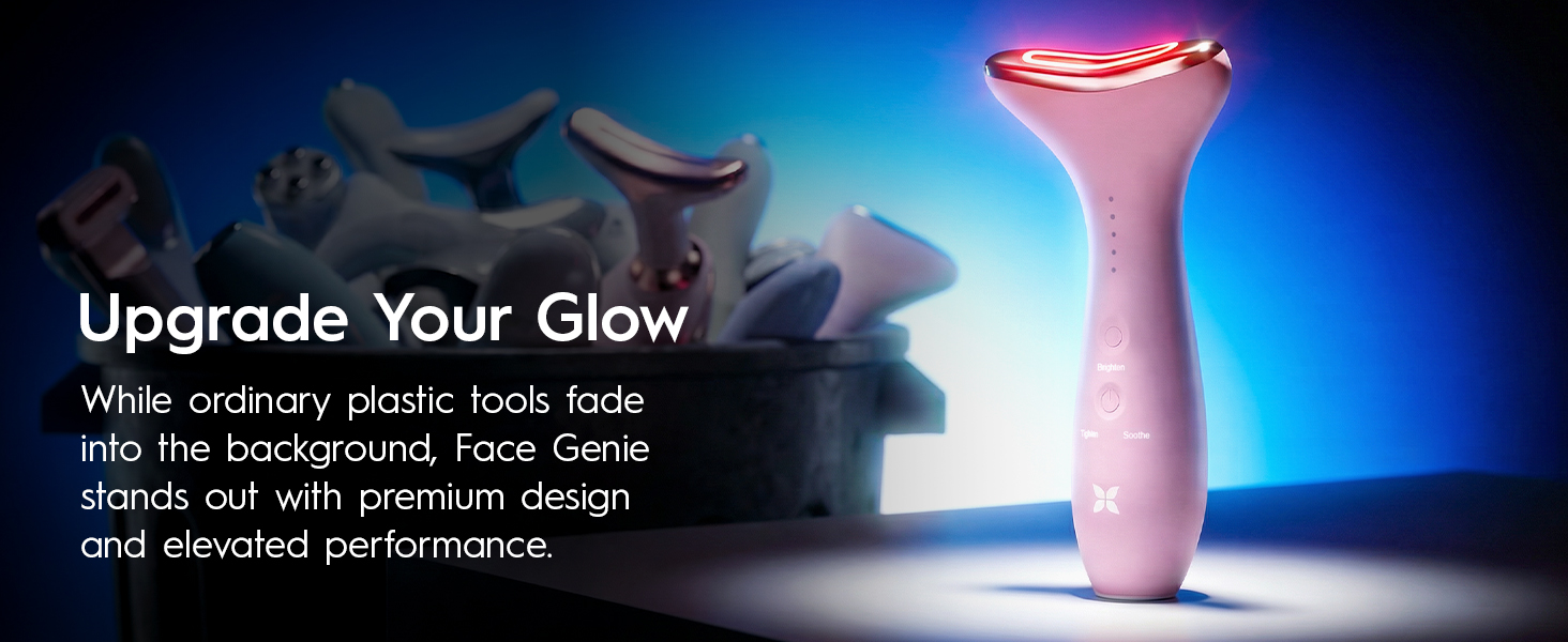 Face Genie displayed under dramatic lighting with blurred beauty tools in background.