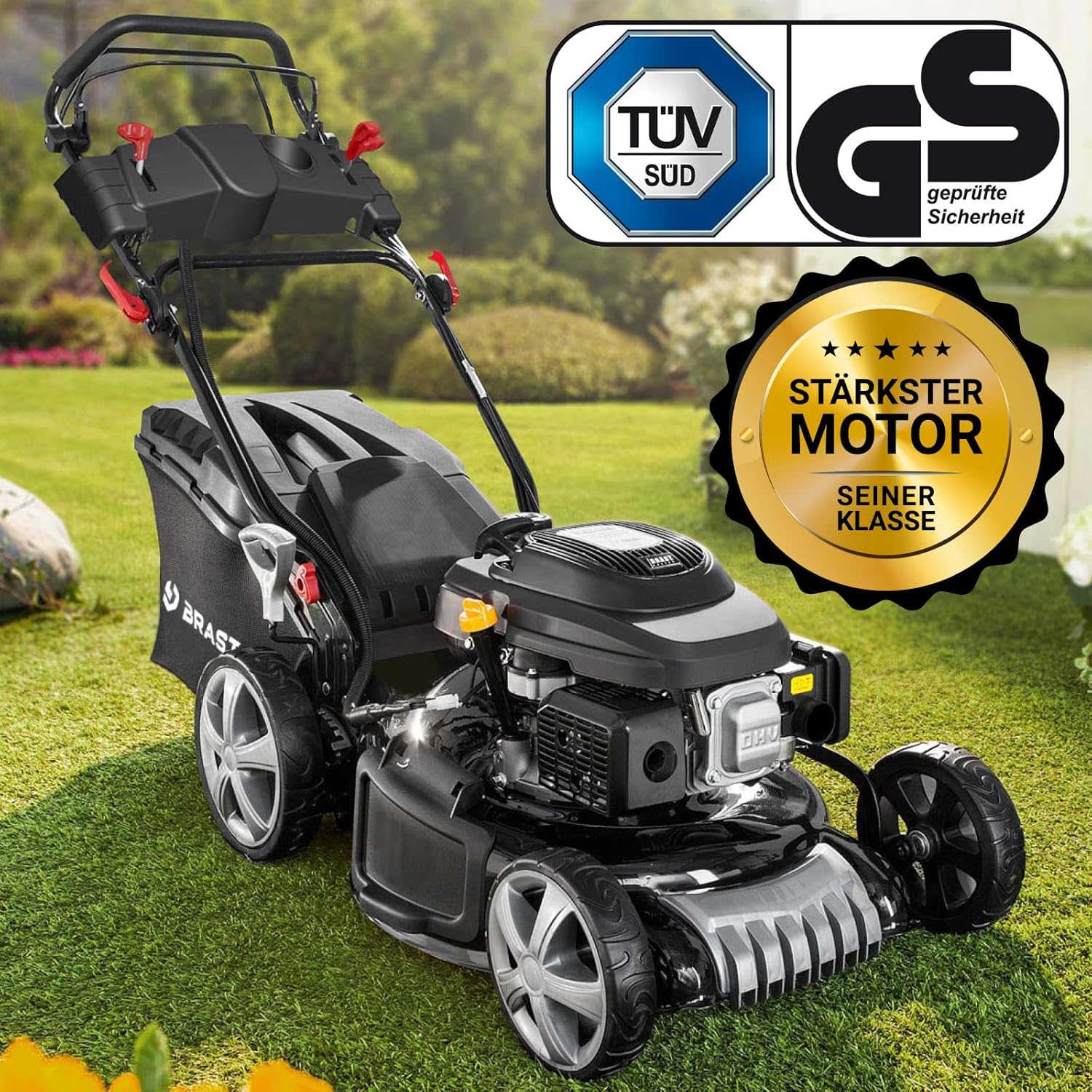 BRAST Benzin Rasenmäher mit Antrieb | 5,2kW(7PS) | Elektrostart | 48cm Schnittbreite | viele Modelle | TÜV | 4 Takt OHV Motor | 30-80mm Schnitthöhe | 60L Fangkorb | Stahlgehäuse | 19224 ESTART Speed