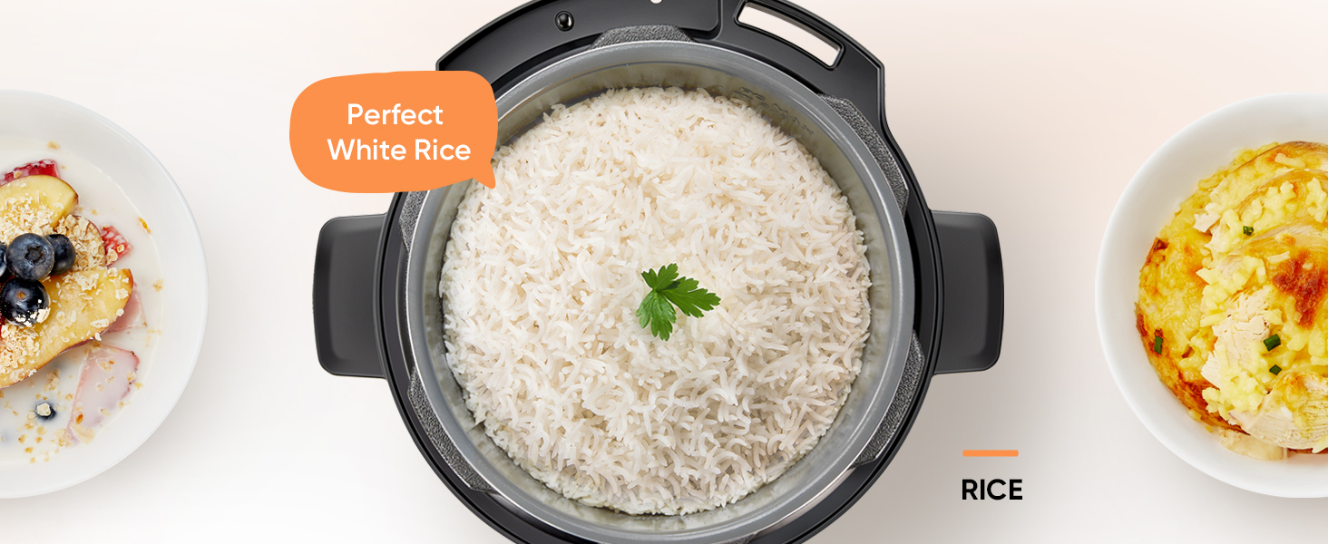 The pressure pot has a non-stick ceramic inner pot, can cook great rice, faster than rice cooker.