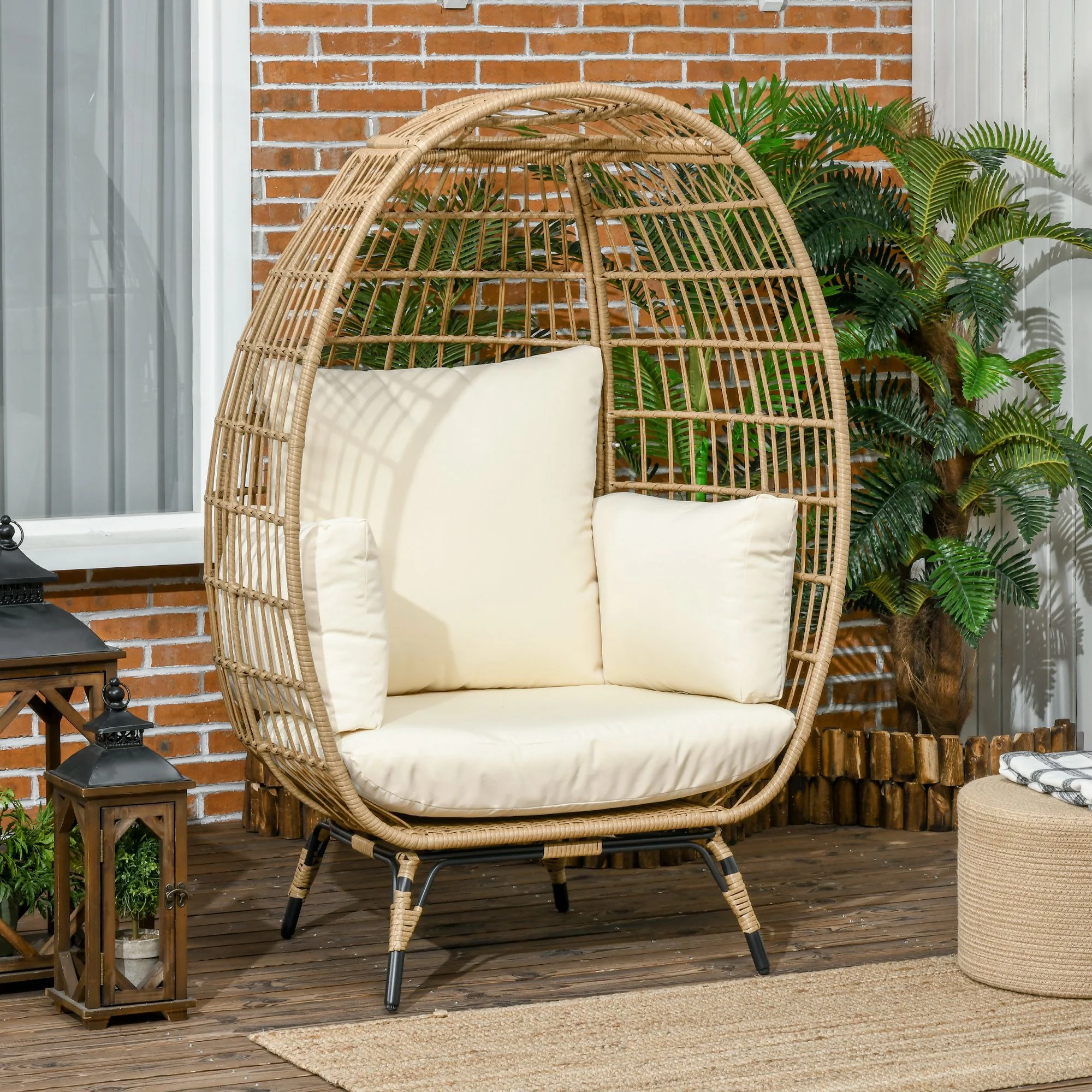 Outsunny Rattansessel Korbform mit dicken Kissen verstellbare Füße