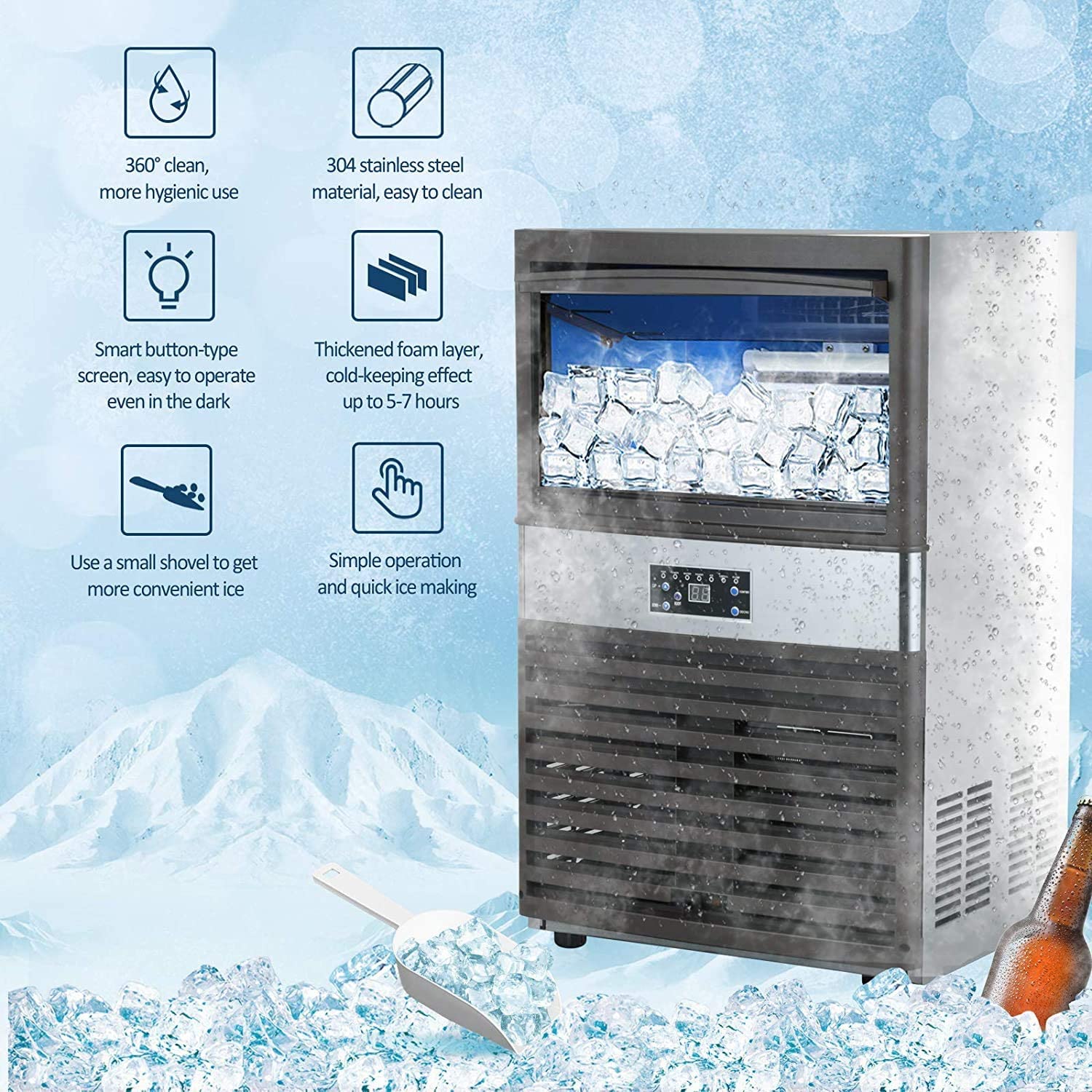 YUTGMasst Commercial Ice �� 110LBS/24H Stainless Steel Free-Standing Ice Machine Maker Air Cooling Ice