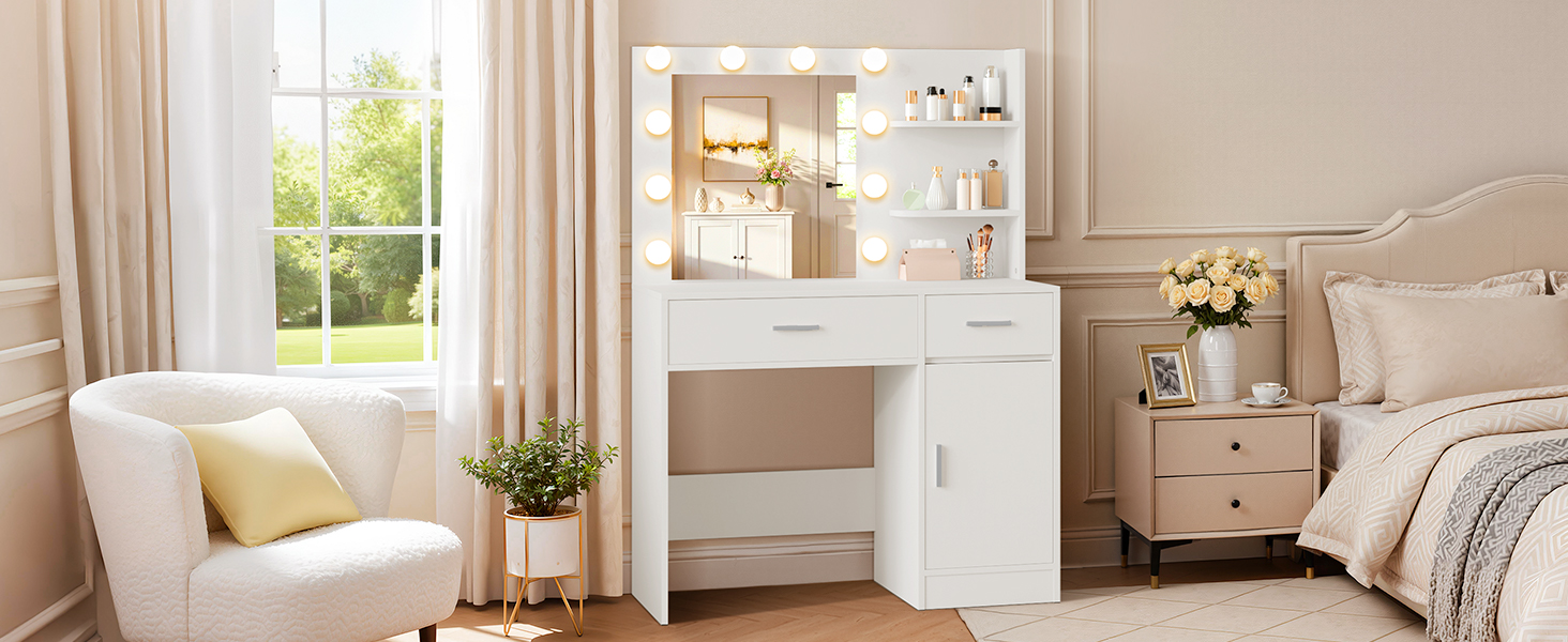White LED Bulb Vanity in Bedroom