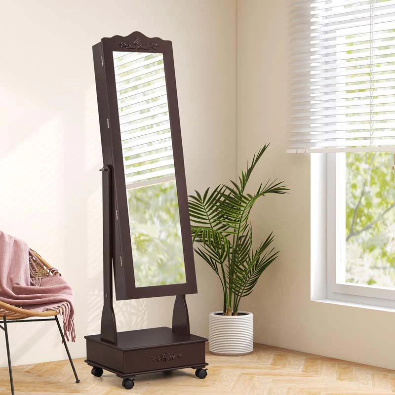 Eletriclife Rolling Floor Standing Mirrored Jewelry Armoire with Lock and Drawers