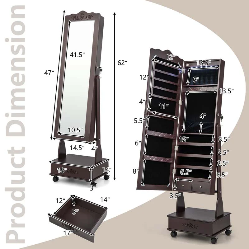 Eletriclife Rolling Floor Standing Mirrored Jewelry Armoire with Lock and Drawers