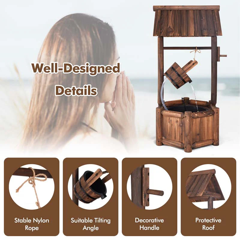 Eletriclife Garden Rustic Wishing Well Wooden Water Fountain with Pump