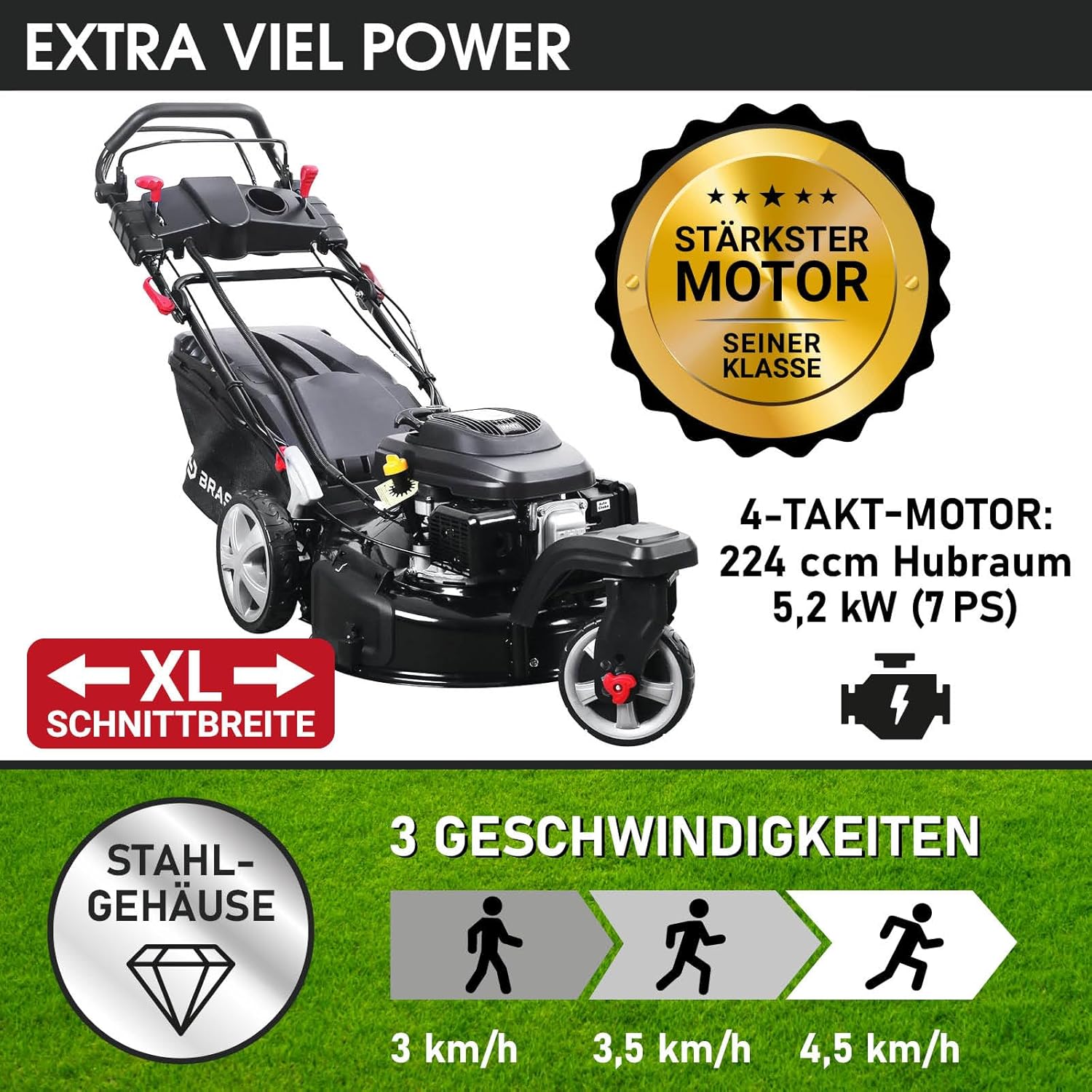 BRAST® Benzin Rasenmäher Trike mit Antrieb | 5,2kW(7PS) | 53cm Schnittbreite | viele Modelle | TÜV | 4 Takt OHV Motor | 30-80mm Schnitthöhe | 60L Fangkorb | Stahlgehäuse | Speed