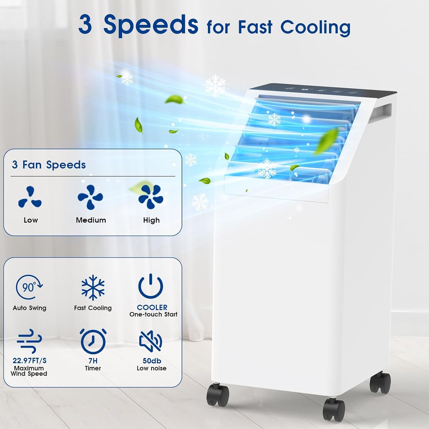 Portable Air Conditioner, 3 IN 1 Evaporative Air Cooler Fan with Remote, 3 Speeds, 90°Oscillation, 4L Tank, 4 Ice Packs, 7H Timer for Home Bedroom Office (White, 4L)