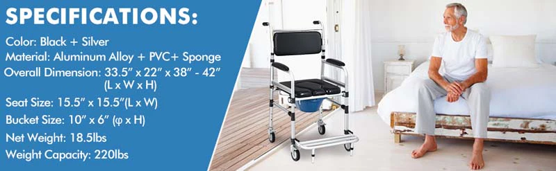 Eletriclife 2-in-1 Aluminum Commode Shower Wheelchair with Locking Casters