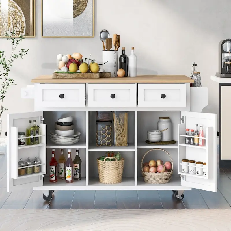 Kitchen Island on 5 Wheels with Storage Cabinet and 3 Drawers