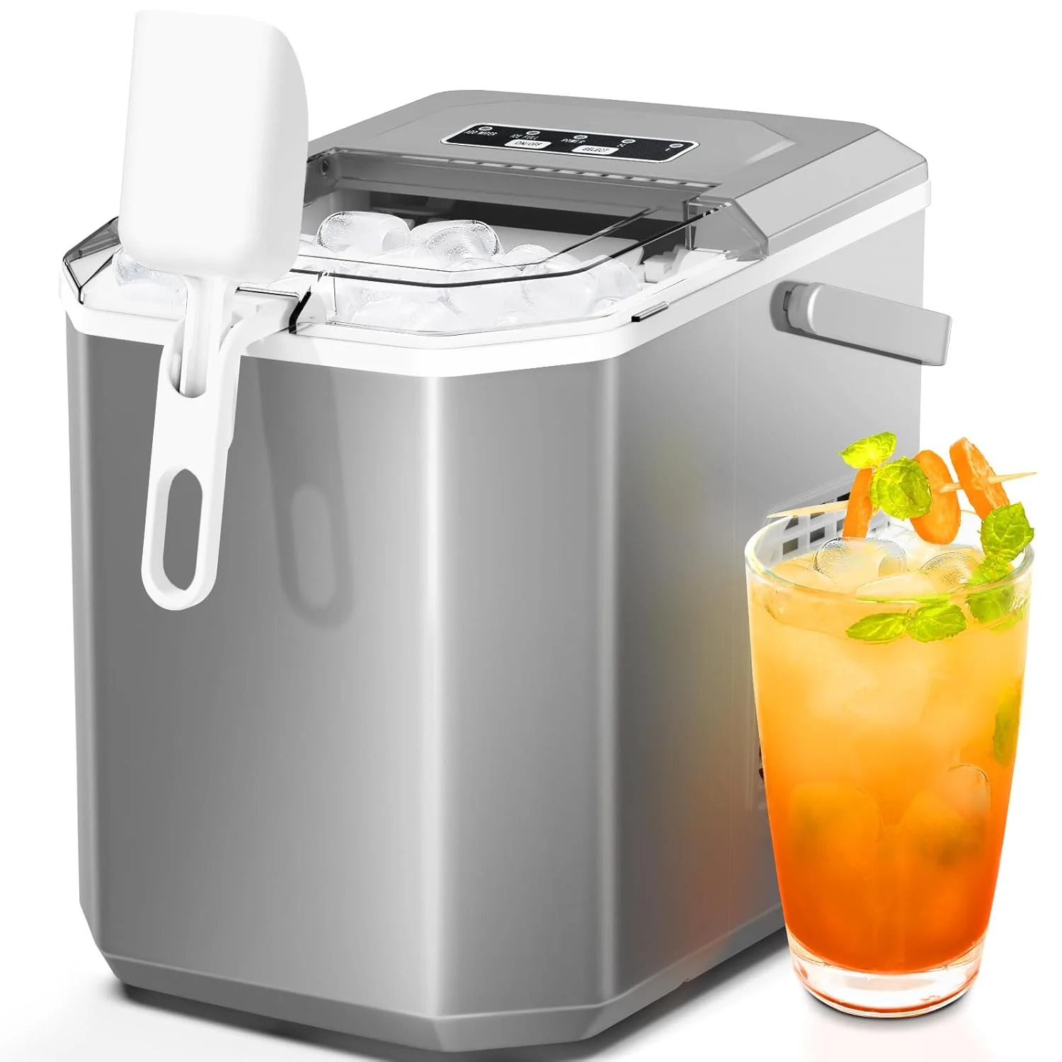 Countertop Ice MakerPortable Ice Machine with Carry HandleSelf-CleaningBasket and Scoop9 Cubes in 6 Mins26.5lbs/24Hrs2 Sizes of Bullet Icefor HomeKitchenPartyGrey