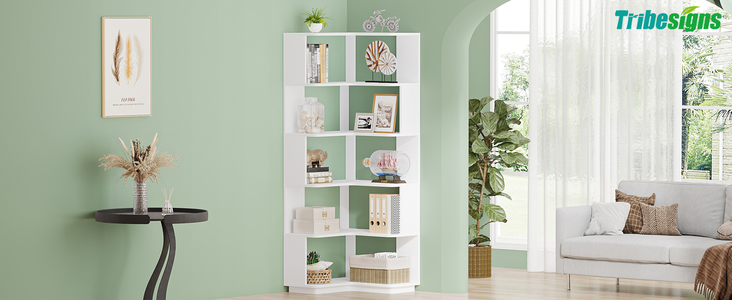 6-Tier Corner Bookshelf, 64.9 Inch Tall Bookcase with Anti-Drop Panel