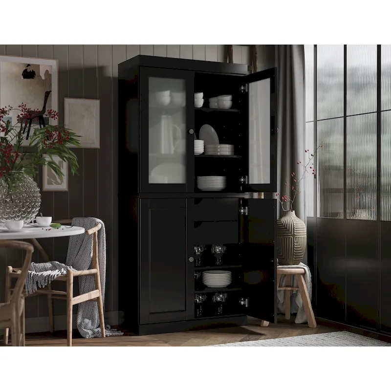 100% Solid Wood Pantry Cabinet with Frosted Glass Doors, Solid Doors, 2-Drawers and Adjustable Shelves