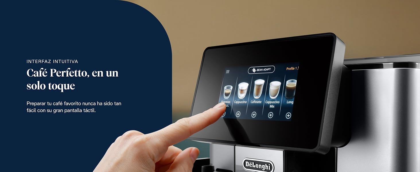 Interfaz táctil táctil táctil de una máquina de café moderna con pantalla digital que muestra las opciones de bebidas.