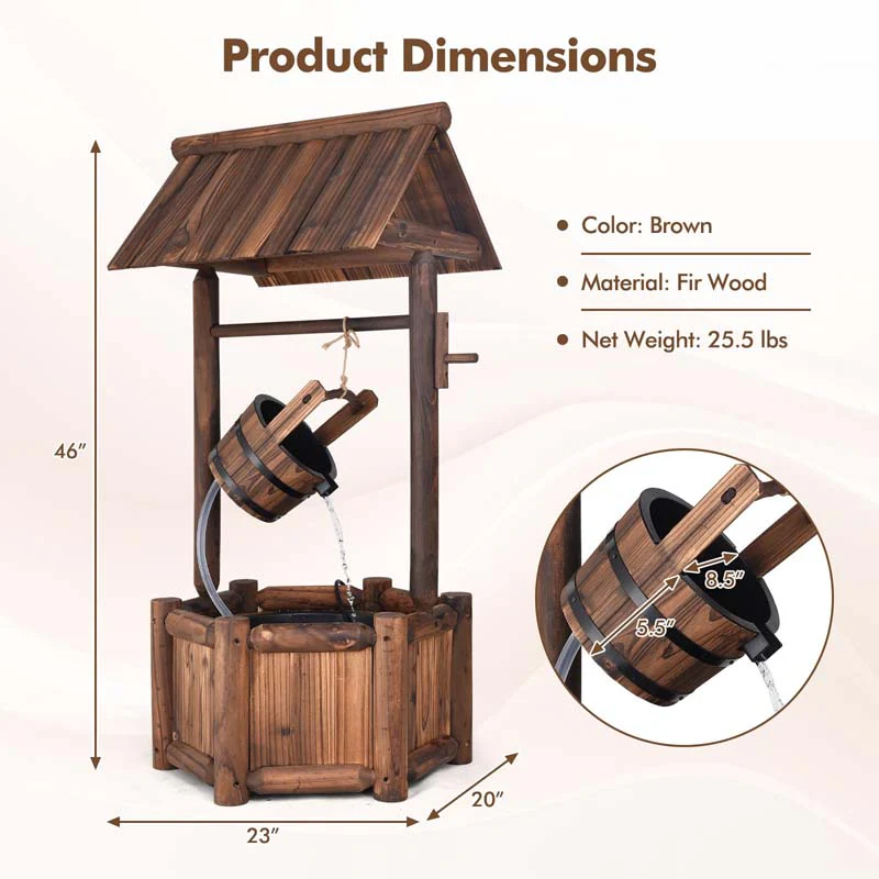 Eletriclife Garden Rustic Wishing Well Wooden Water Fountain with Pump