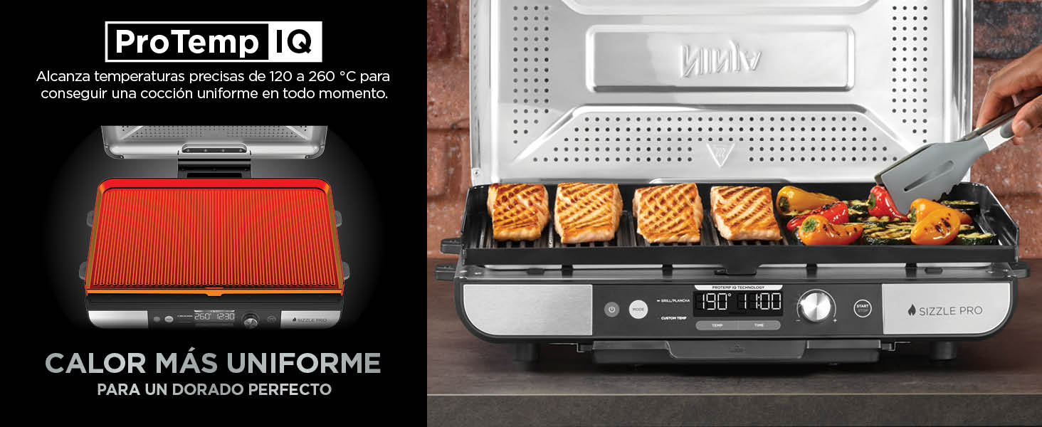 El texto dice «ProTemp IQ» y «CALOR MÁS UNIFORME». Parrilla eléctrica que muestra los alimentos asados en la superficie de cocción.