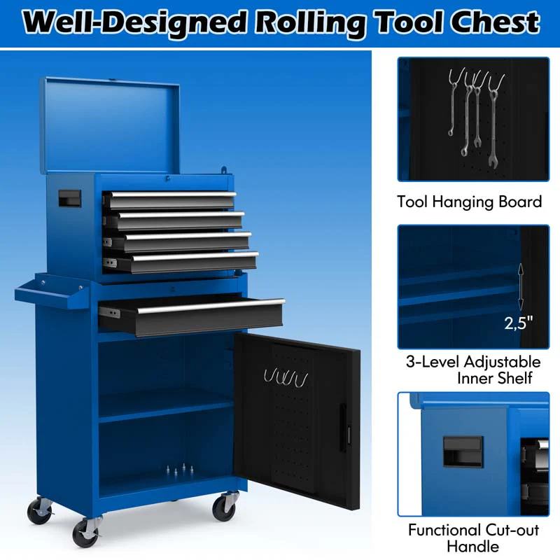 Eletriclife 2-in-1 Rolling Tool Chest with 5 Sliding Lockable Drawers