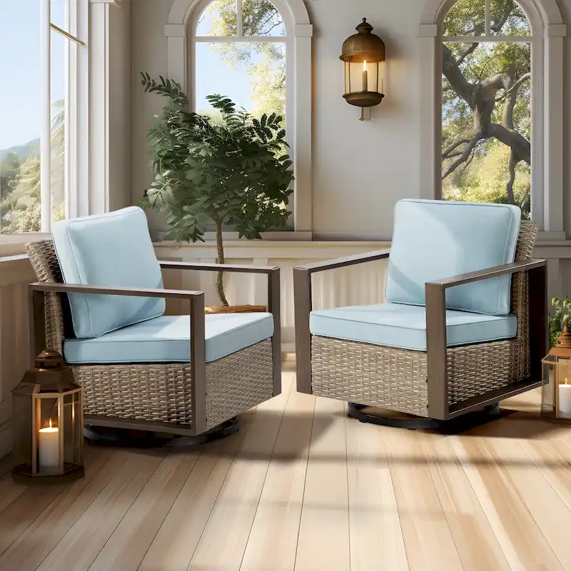 Cozywor 2-Piece Patio Wicker Outdoor Rocking Chair with Metal Frame and Cushions