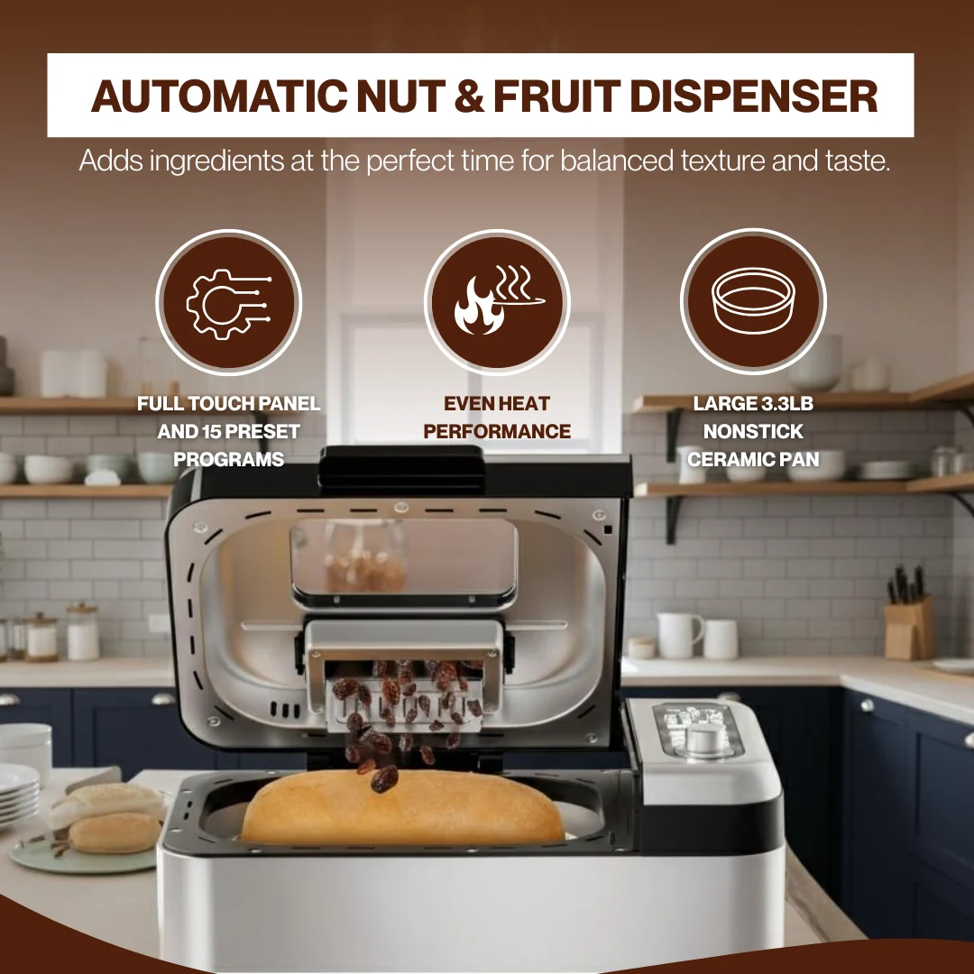 Silver Large Capacity Bread Maker Machine with 15 Programs & Timer Silver Large Capacity Bread Maker Machine with 15 Programs & Timer