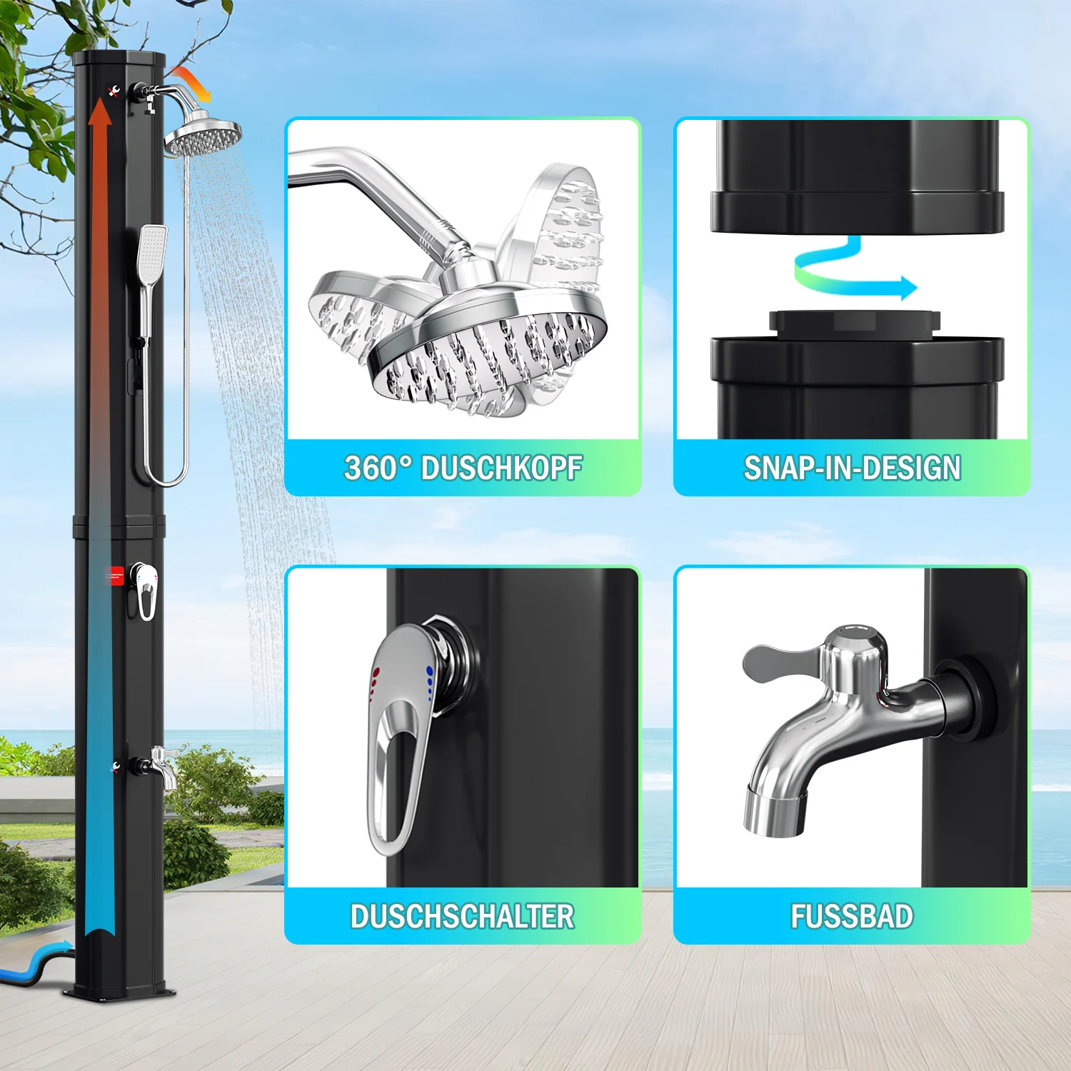 Sonnewelt 60L Solardusche Gartendusche Inkl. Schutzhaube und Handbrause