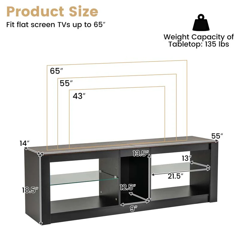 Eletriclife Modern TV Stand with LED Light and Adjustable Shelves for TVs up to 65 inch