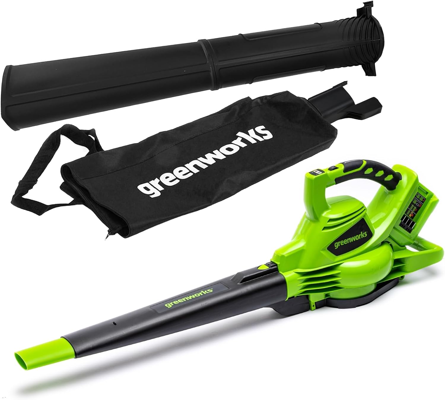 Greenworks 48V(2x24V) Akku Laubsauger / Laubblser mit Schultergurt, bürstenloser Motor, 322 km/h, 9 m/min, 45L Fangsack, zwei 4Ah Batterien & Ladegert, 3 Jahre Garantie GD24X2BVK4X