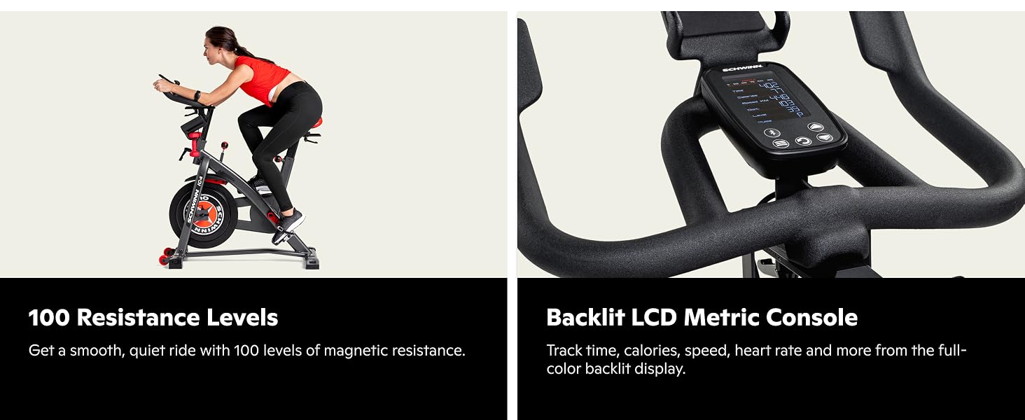 100 resistance levels, backlit LCD metric console