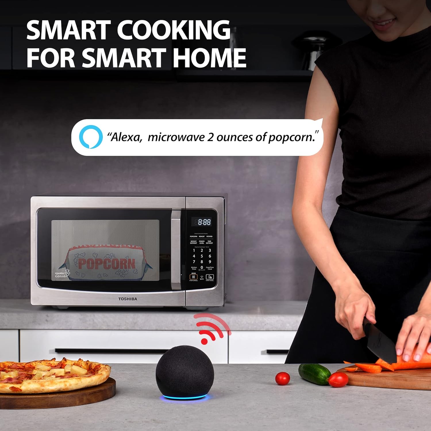 TOSHIBA 4-in-1 ML-EC42P(SS) Countertop Microwave Oven, Smart Sensor, Convection, Air Fryer Combo, Mute Function, Position Memory 13.6′′ Turntable, 1.5 Cu Ft, 1000W, Silver