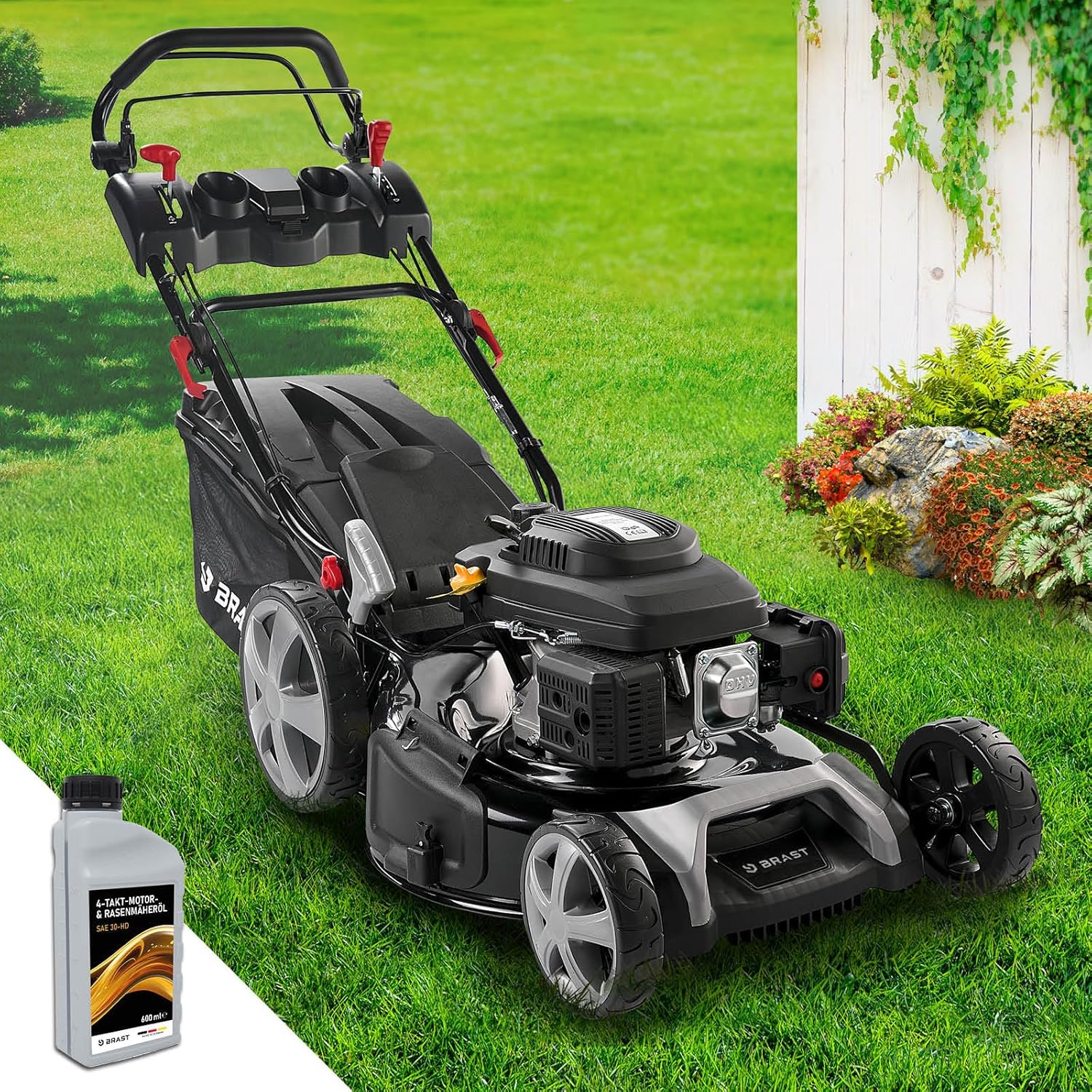 BRAST® Benzin Rasenmäher mit Antrieb | 5,2kW (7PS) | 55cm Schnittbreite | viele Modelle | TÜV | 30-80mm Schnitthöhe | 60L Fangkorb | 4 Takt OHV Motor | Stahlgehäuse | Power