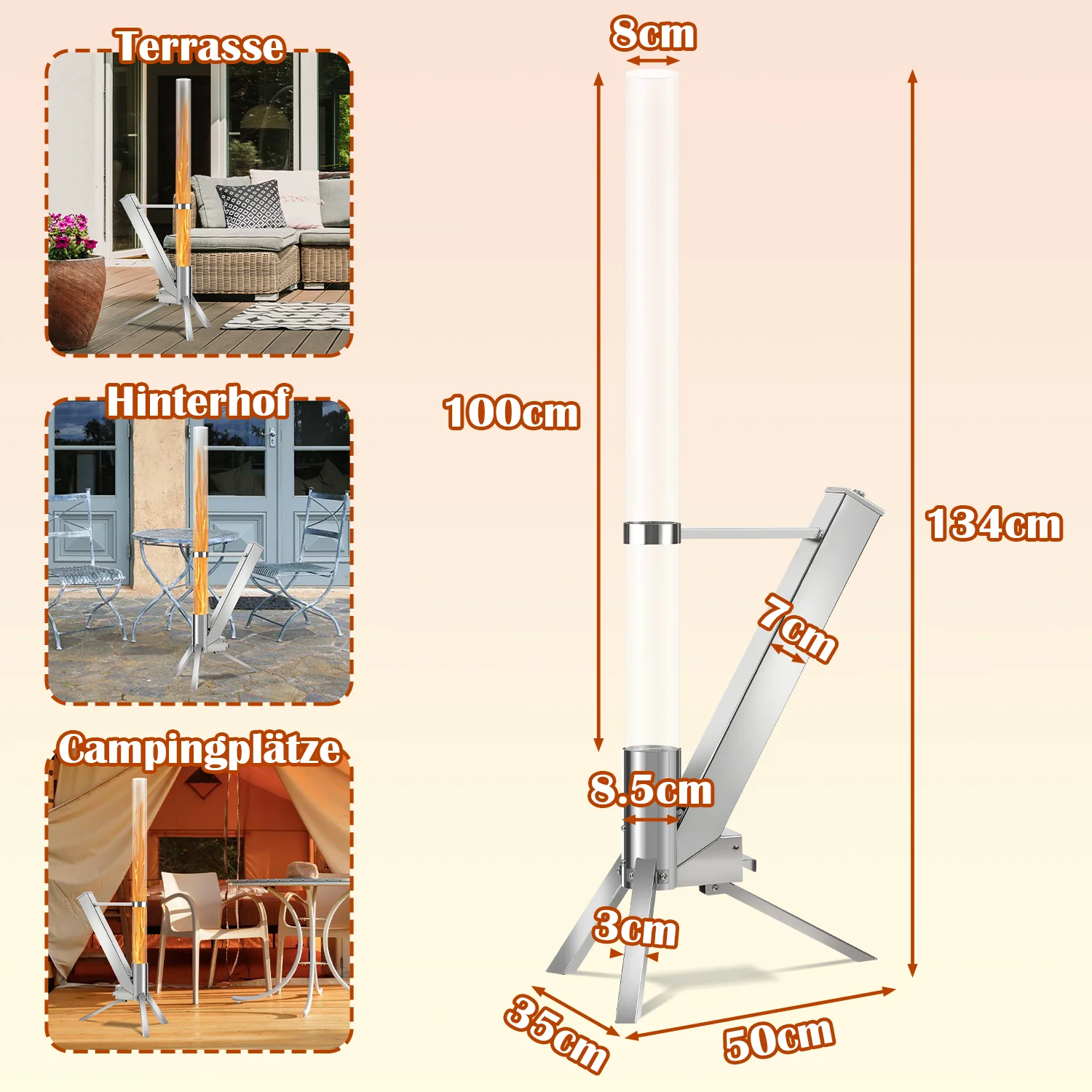 Sonnewelt Pelletfackel Feuerrohr Edelstahl mit Glasrhre