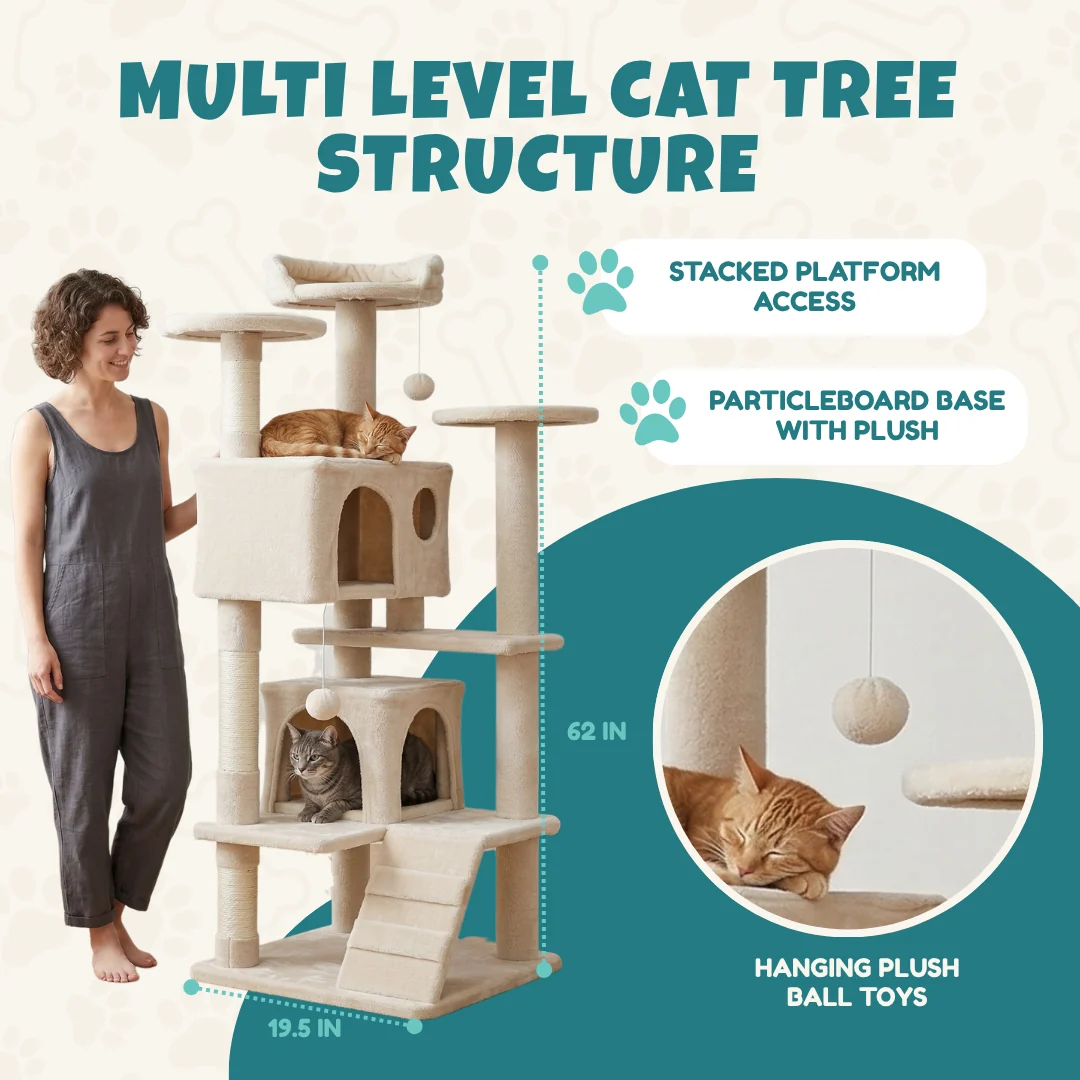 Cat Tree Tower with Scratching Posts, Perch, and Cozy Condos Cat Tree Tower with Scratching Posts, Perch, and Cozy Condos