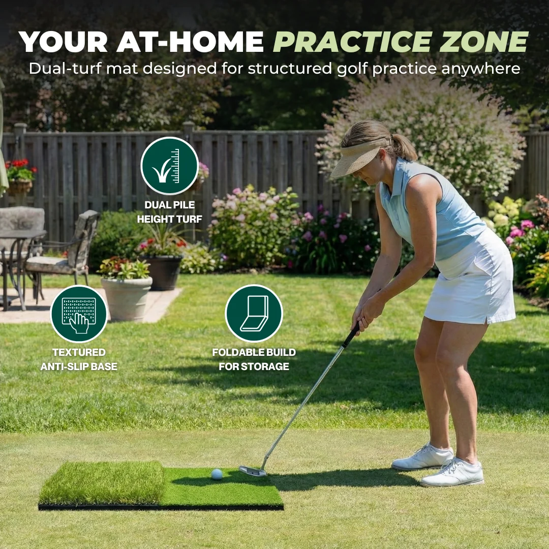 Foldable Dual-Turf Golf Practice Mat for Indoor Outdoor Home Use