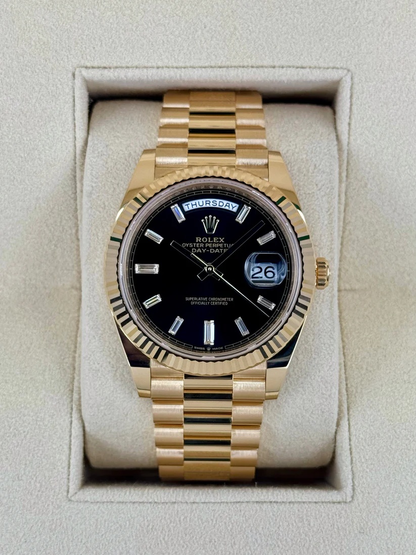 Rolex Yellow Gold President Day Date 40mm Black Diamond Baguette Dial - 228238