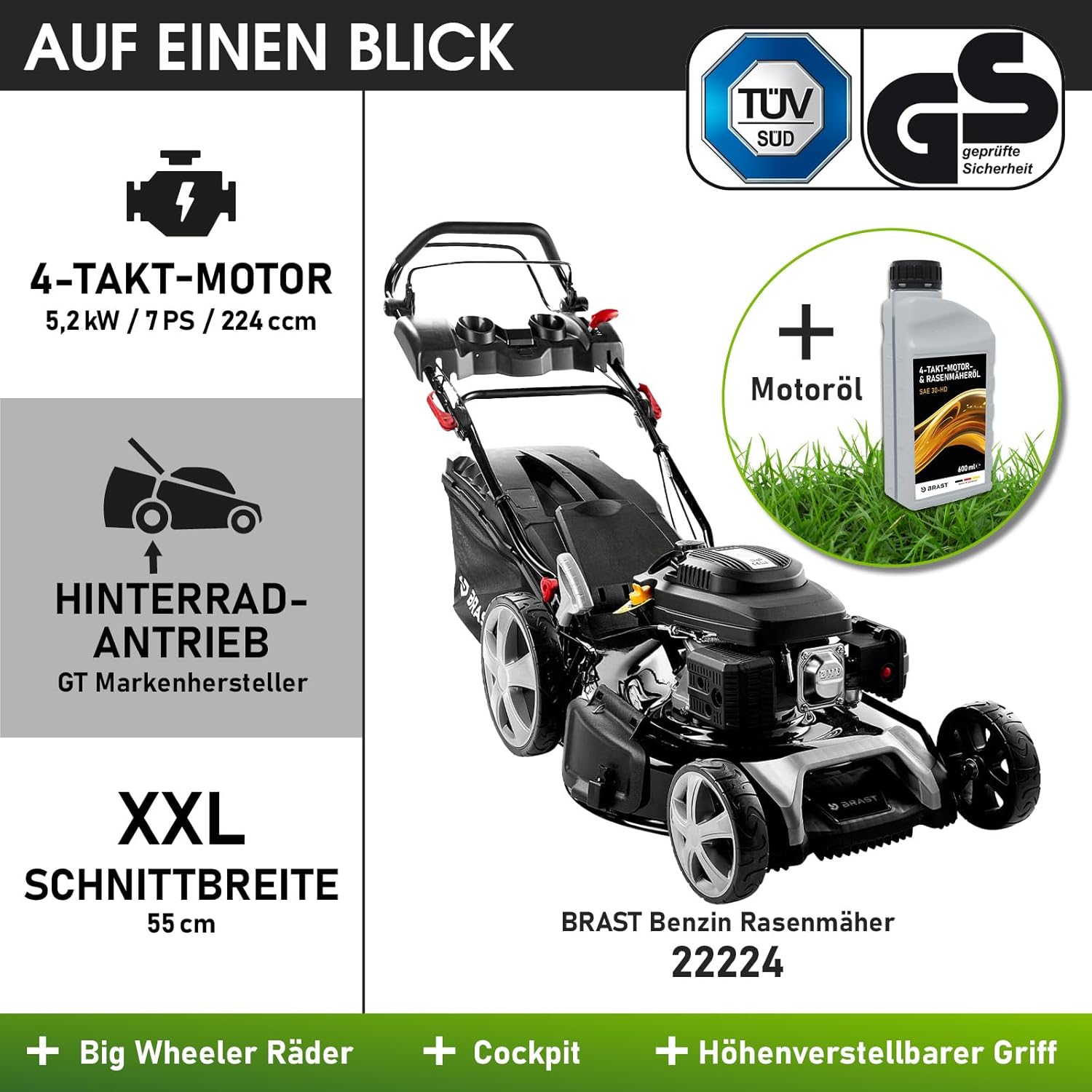 BRAST® Benzin Rasenmäher mit Antrieb | 5,2kW (7PS) | 55cm Schnittbreite | viele Modelle | TÜV | 30-80mm Schnitthöhe | 60L Fangkorb | 4 Takt OHV Motor | Stahlgehäuse | Power
