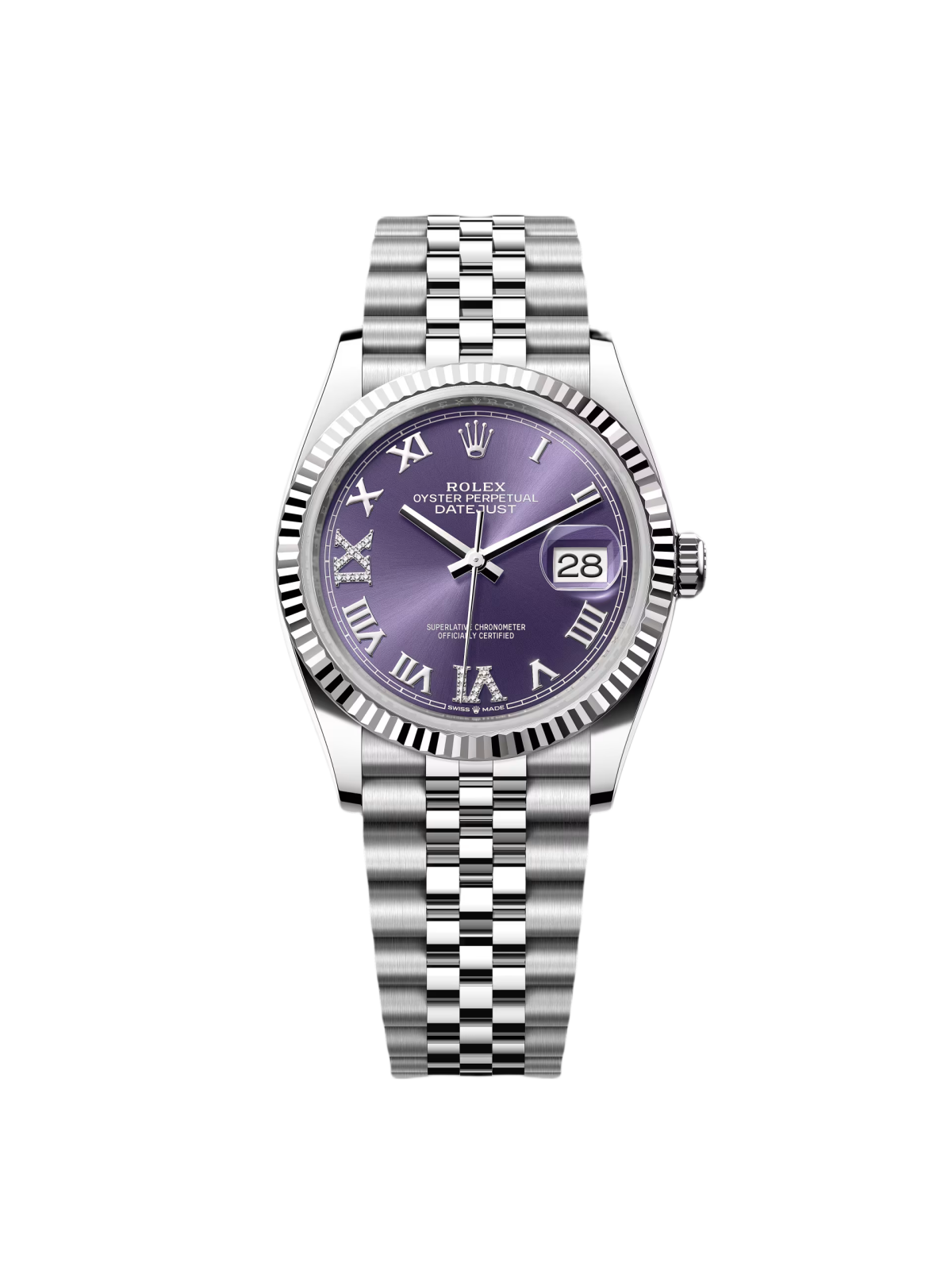 Rolex Datejust 36mm 126234 Datejust Aubergine Purple Diamond Roman Oyster Stainless Steel
