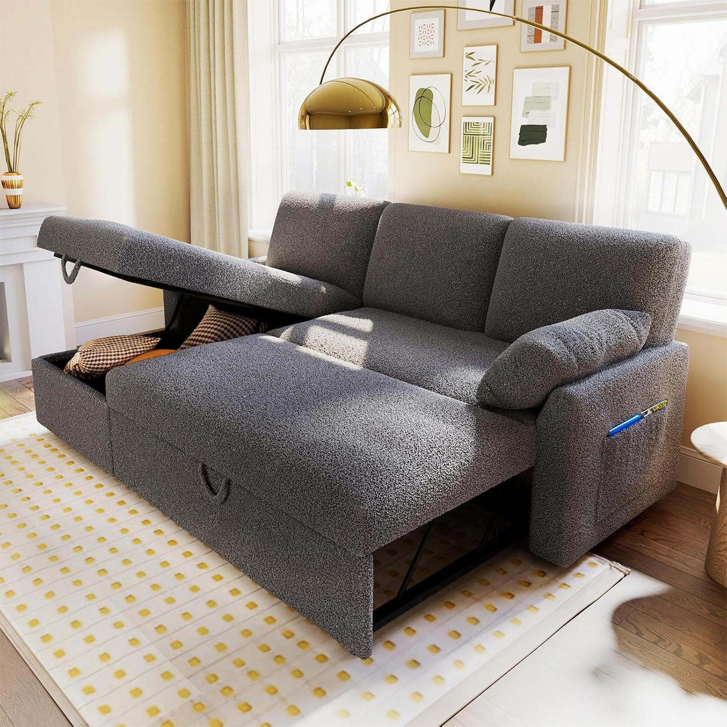 VanAcc Sofa Bed, Sleeper Sofa with Storage Chaise 2 in 1 Pull Out Couch Living Room