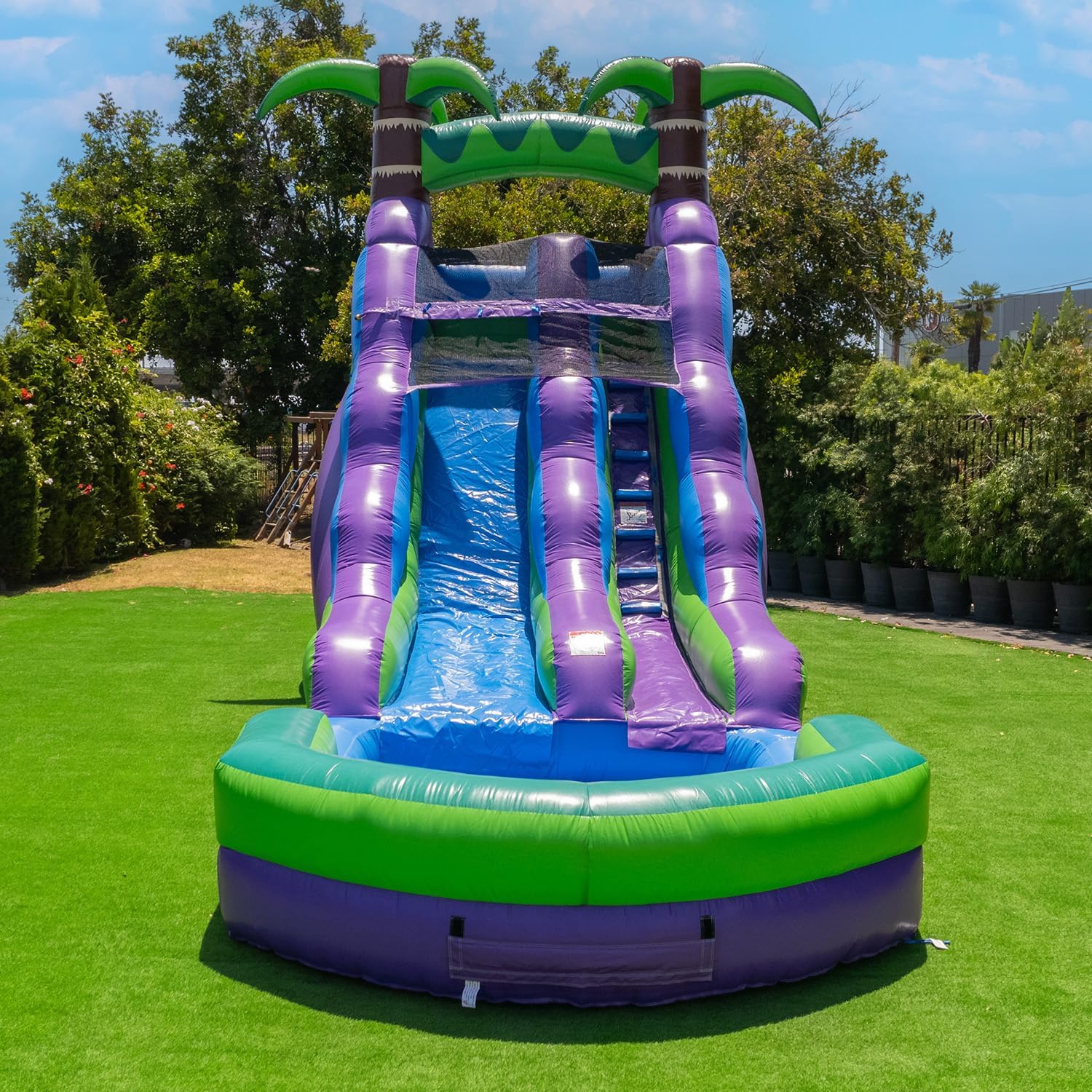 16' Purple Tropical Lightweight Premium Commercial Grade Water Slide Inflatable with Attached Pool for Kids and Adults (with Blower), Wet Dry Use, Summer Fun