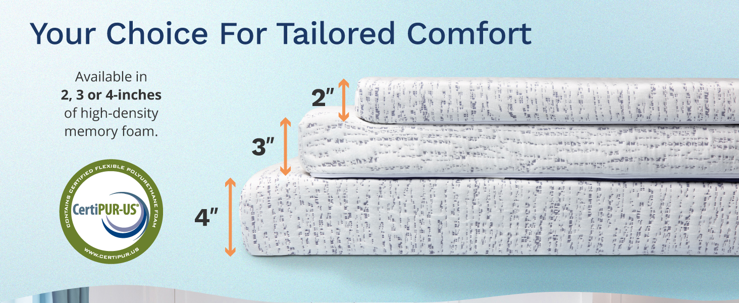 Available in 2, 3, or 4-inches of CertiPUR-US certified high-density memory foam.