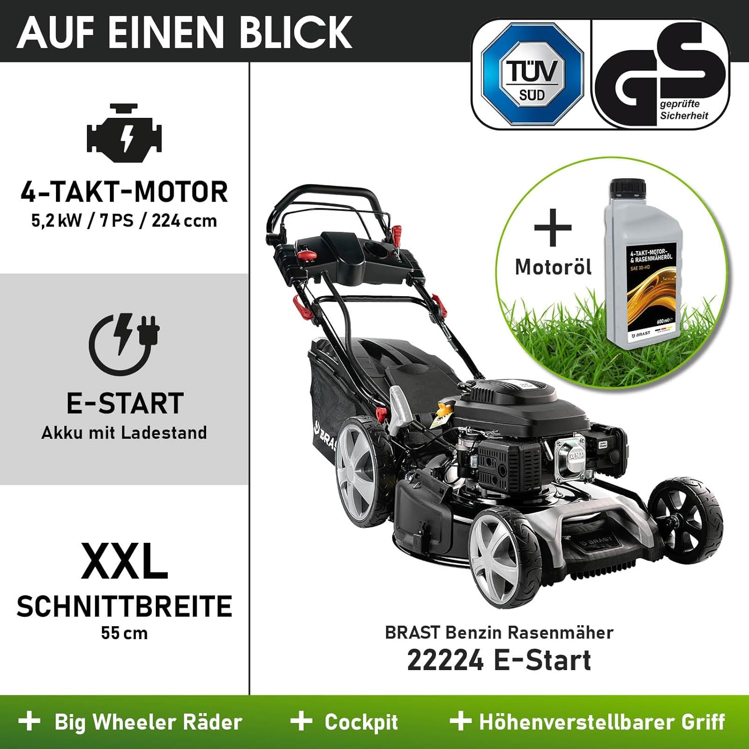 BRAST® Benzin Rasenmäher mit Antrieb | 5,2kW (7PS) | 55cm Schnittbreite | viele Modelle | TÜV | 30-80mm Schnitthöhe | 60L Fangkorb | 4 Takt OHV Motor | Stahlgehäuse | Power