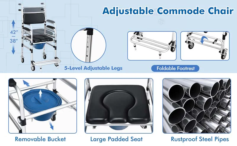 Eletriclife 2-in-1 Aluminum Commode Shower Wheelchair with Locking Casters