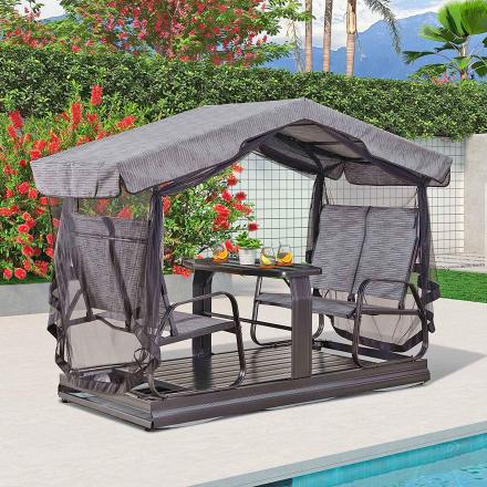 This Gliding Double Chairs With Table Set Makes For A Perfect Spot For Cocktails and Snacks This Gliding Double Chairs With Table Set Makes For A Perfect Spot For Cocktails and Snacks