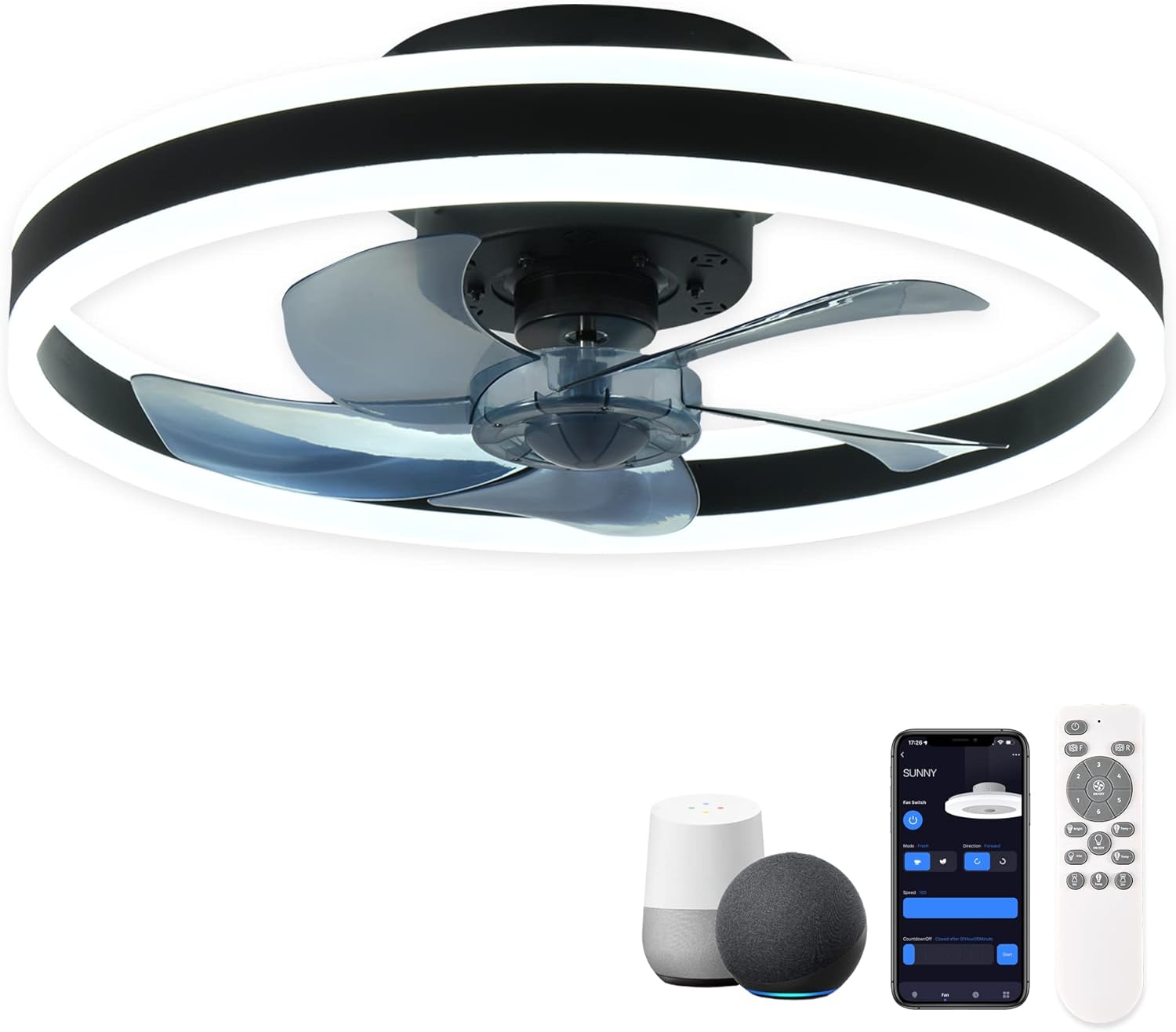 Low-profile smart ceiling fan with lights APP control remote compatibility 6-speed reversible blade