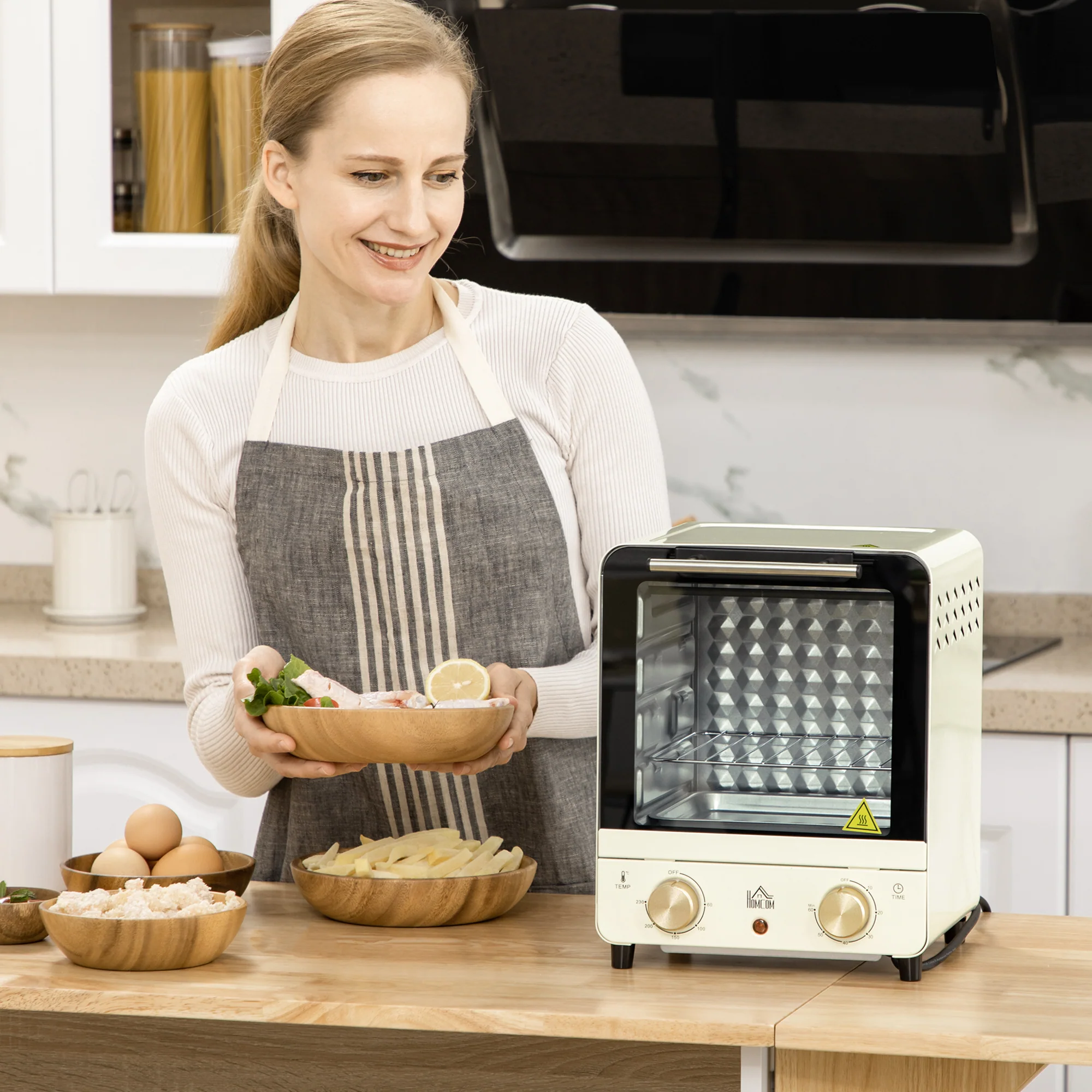 HOMCOM Minibackofen einstellbare Temperatur Timer Sichtfenster Cremeweiß
