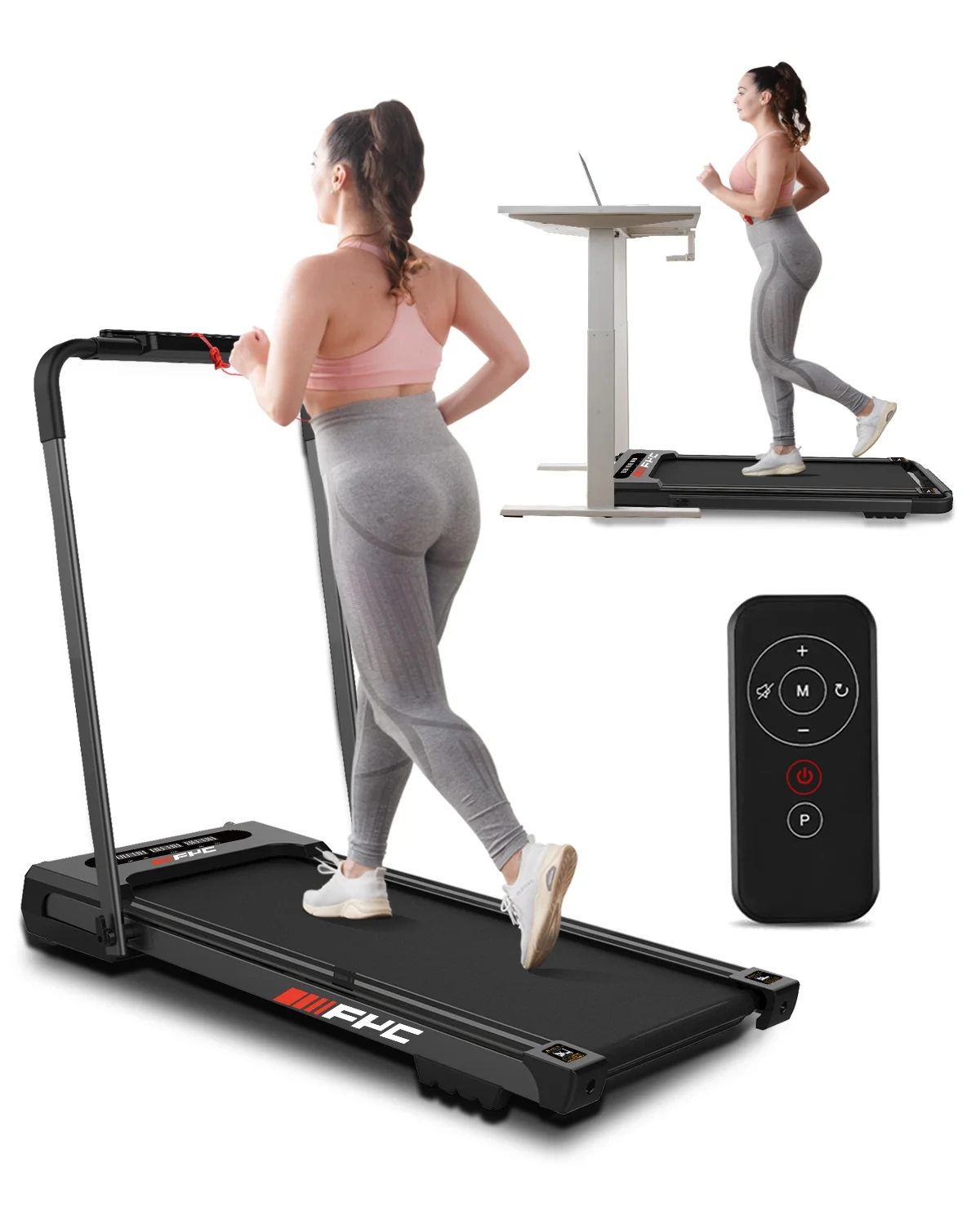 FYC 3.5HP Under Desk Treadmill 300LBS Weight Capacity 2-in-1 Foldable Design Remote Control & LED Display Compact Electric Walking and Running Machine for Walking Running Jogging (Black)