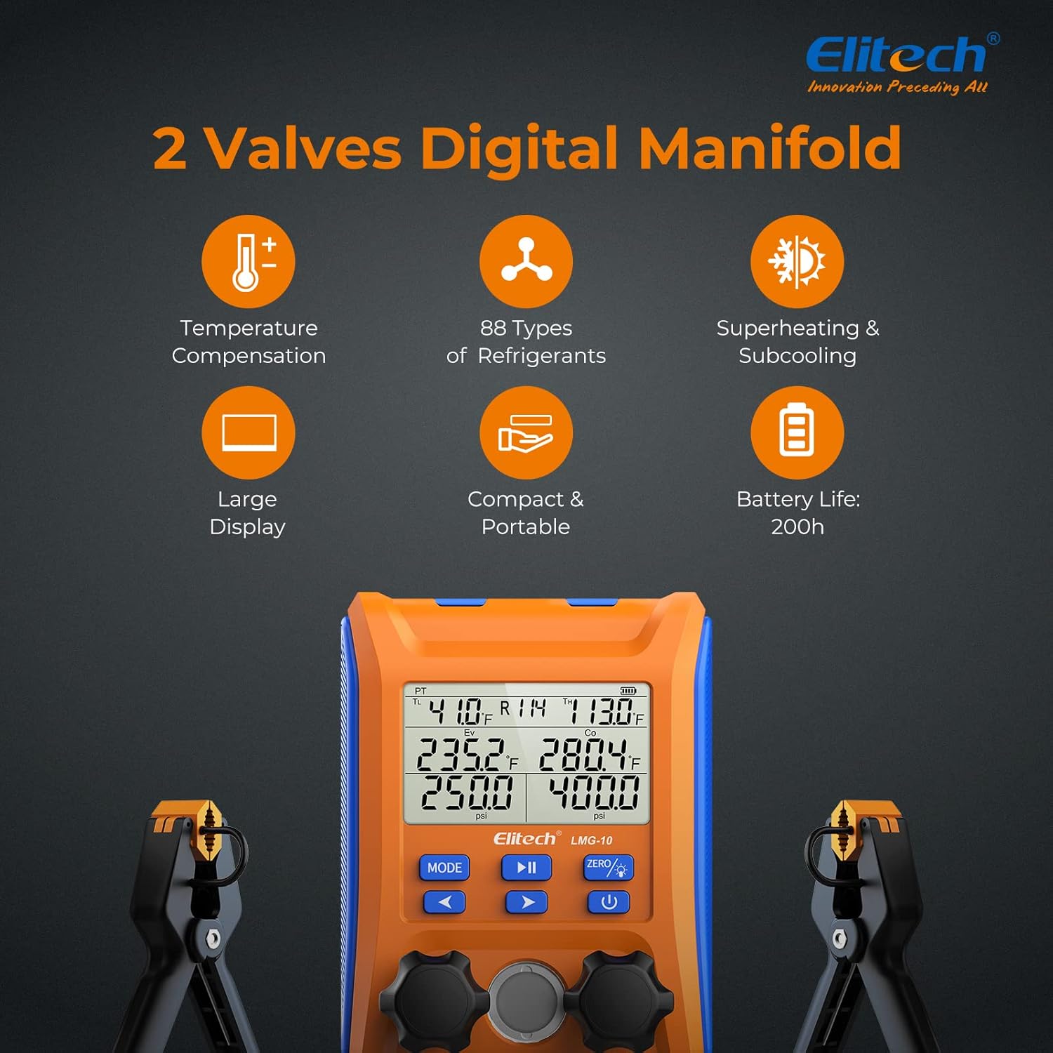 Elitech Kältetechnik die Monteurhilfe Manifold Gauge Set, Hochpräzises Vakuum Drucktemperatur Lecktester Tester Digitales Messgerät für Kühlschränke LMG-10