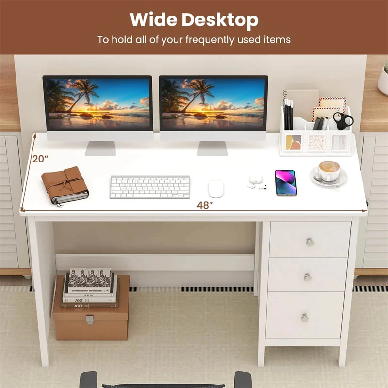 Eletriclife Computer Desk with 3 Storage Drawers, 48" Modern Home Office Desk Writing Workstation for Bedroom